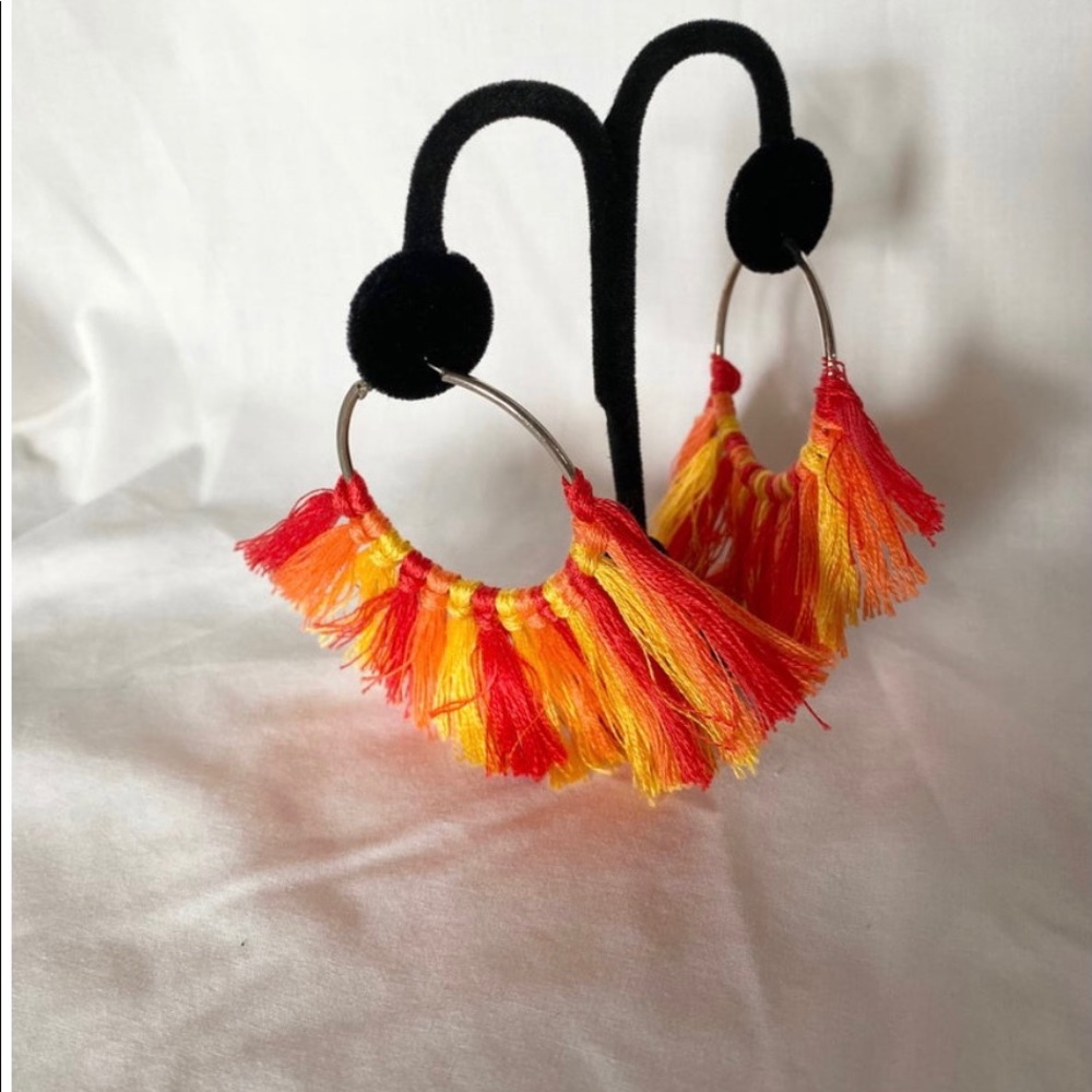 Handmade tri-color sunset tassel hoop earrings